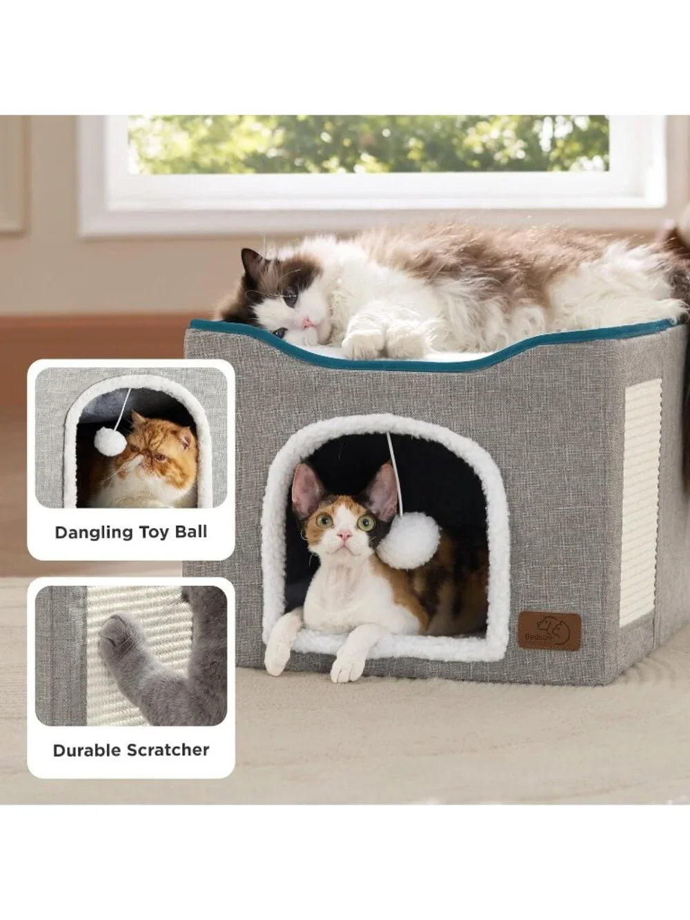 New Cat Beds for Indoor Cats Large Foldable Cat Cave with Hanging Ball - Grey